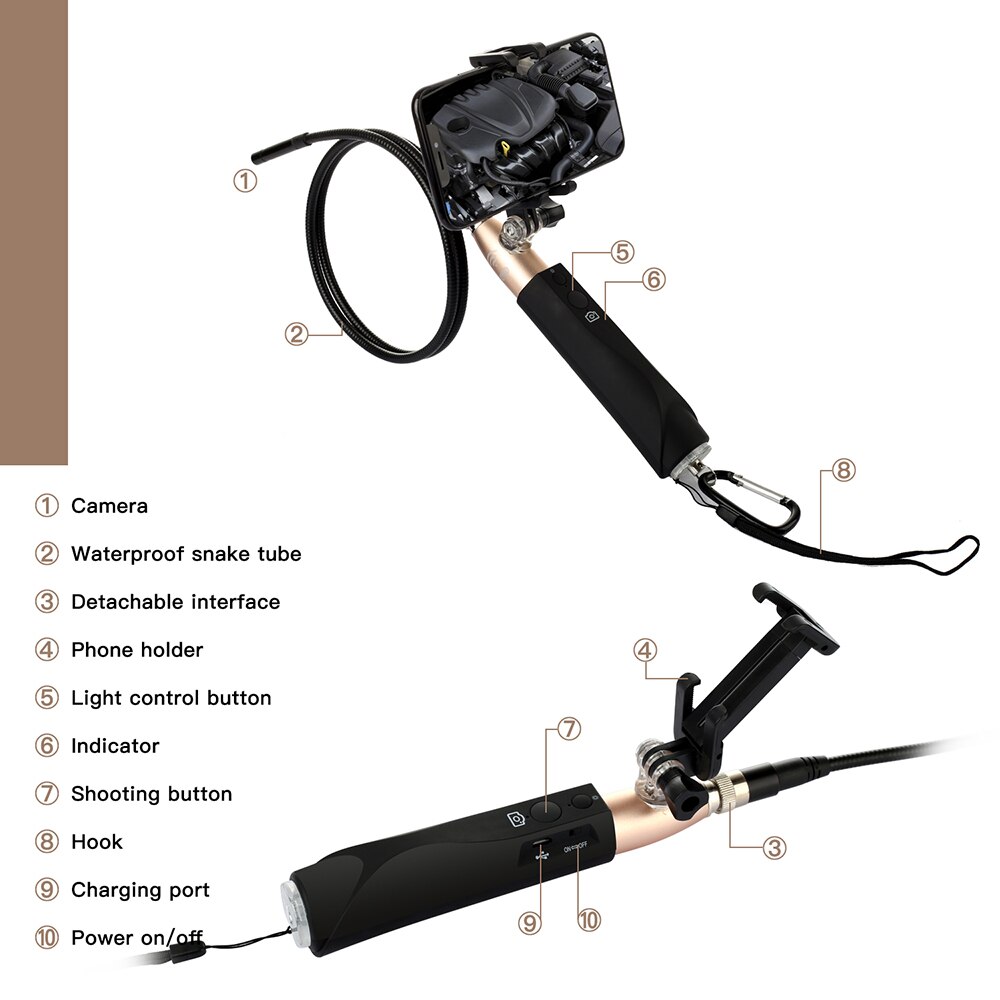 Wireless IP67 Waterproof HD WiFi Borescope Inspection Endoscope Built-in 8 LED Lights with Phone Holder 8mm Lens for Smartphone
