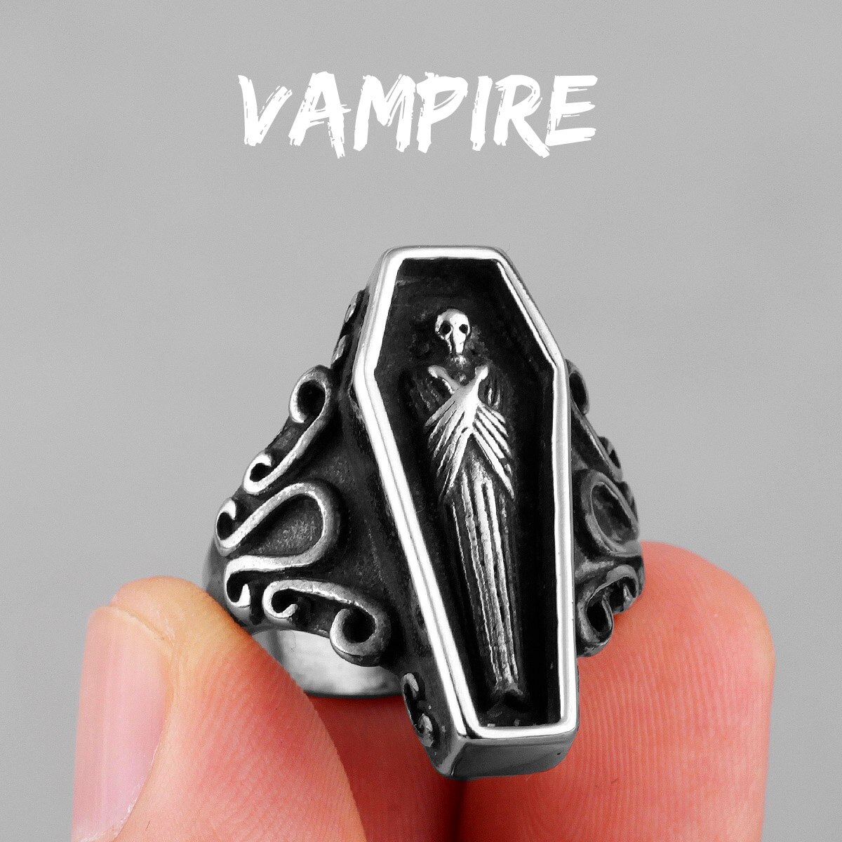 Vampir Sarg Geist Edelstahl Herren Ringe gotisch Punk Einzigartige Kühle für Männlich Freund Schmuck Kreativität: 15 / R594-Silber-