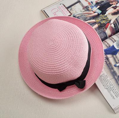 estilo sombrero Simple verano playa sombrero plano Casual corbata de lazo con borde de paja de sol sombrero capeu sombrero de paja de Sol de protección jazz: pink 2