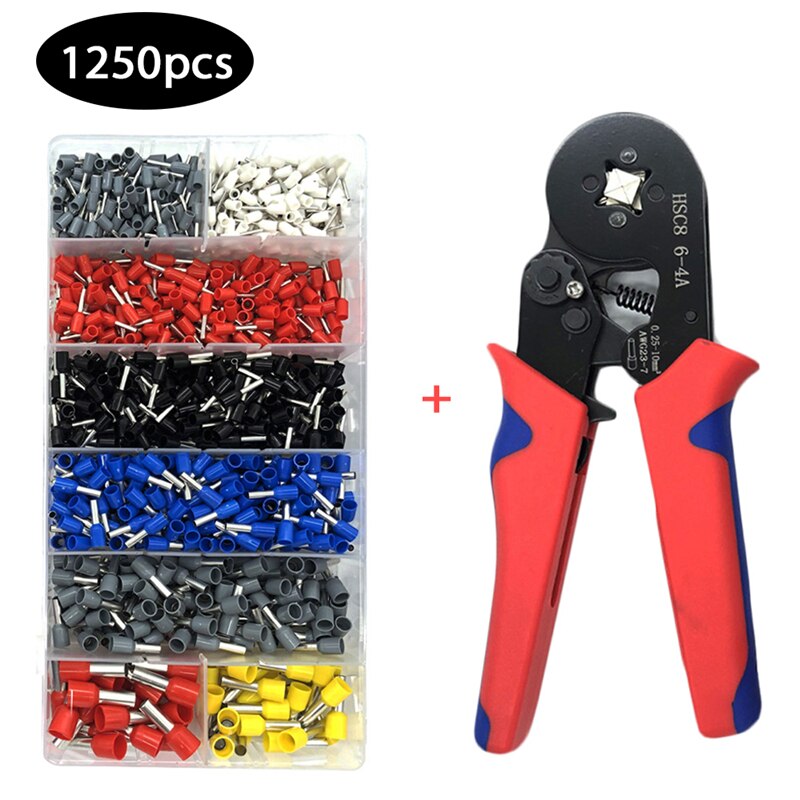 HSC8 6-4A ferrule Crimping Pliers 0.25-10MM² wire crimper tool Wire Stripper Hand Ferrule Crimp set Plier KIT With1200 Terminals: Red 1250pcs
