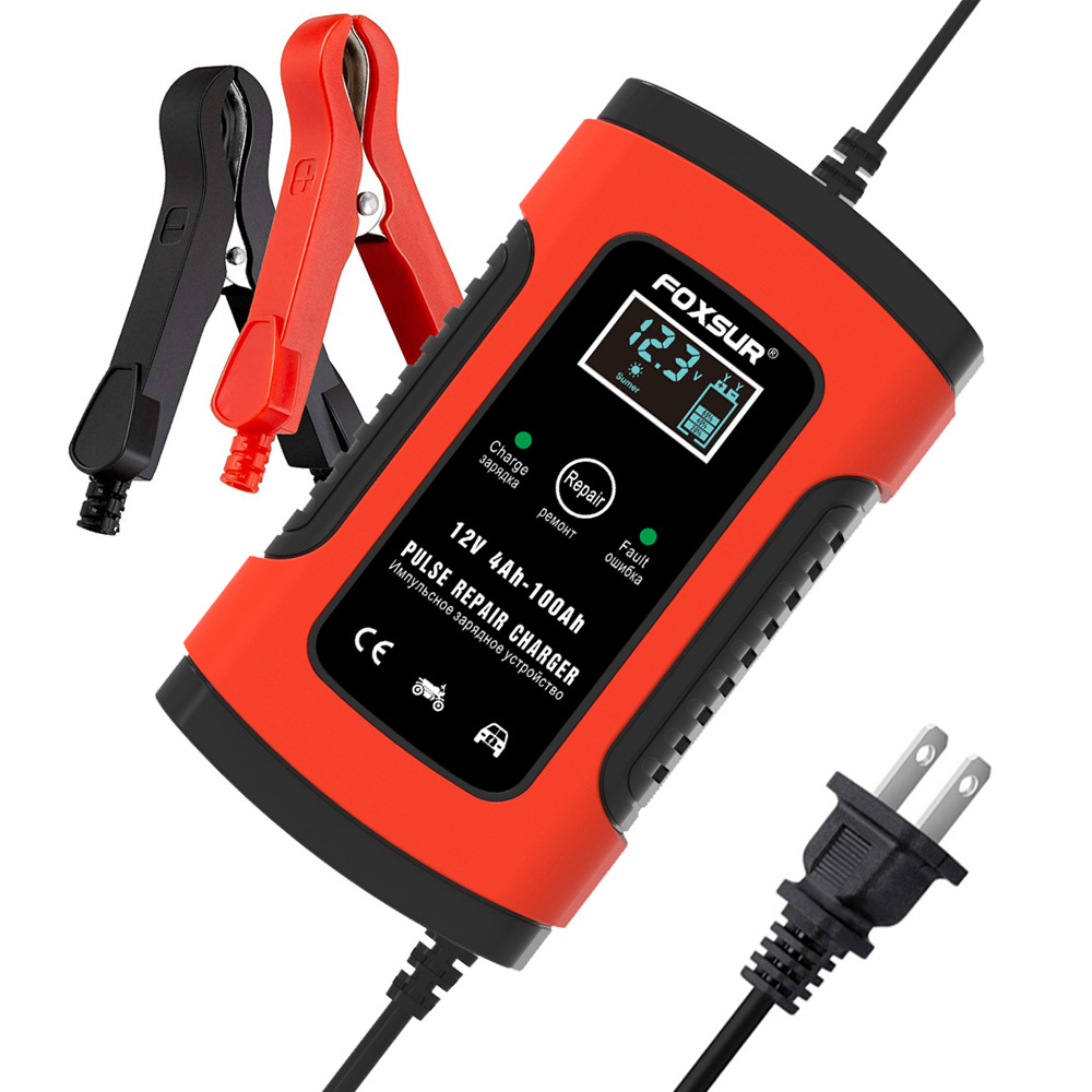 Foxsur 12V 5A Car Battery Charger LCD Display Full Automatic Intelligent Battery Chargers Multiple Protection Pulse Repair: Dark Grey