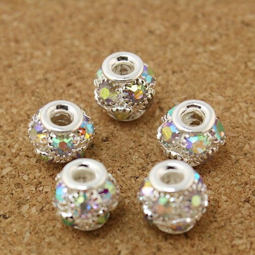 20pcs 8x9mm Round Ball Crystal Rhinestone Hollow Rondelle Spacer Bead for Handmade European Bracelet Jewelry Making: Silver AB