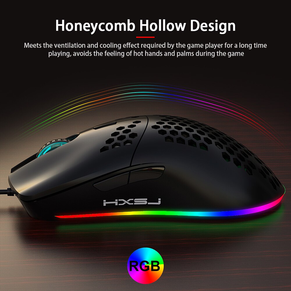 HXSJ J900 USB Wired Gaming Mouse RGB Gamer Mouses with Six Adjustable DPI Honeycomb Hollow Ergonomic for Desktop Laptop