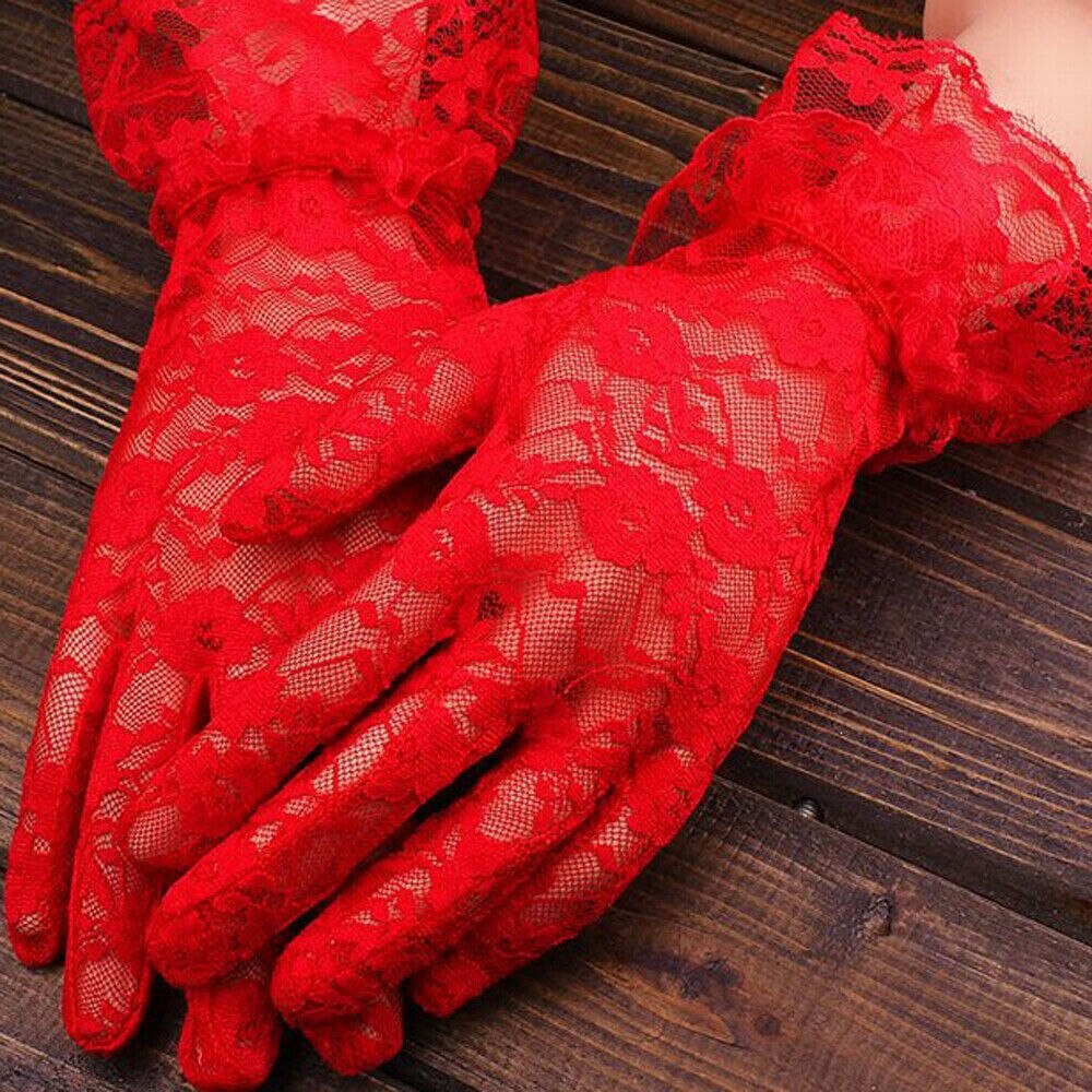 Women Lady Lace Ruffles Floral Gloves Party Prom Bride Wrist Mittens Beige Black Pink Red White: Red