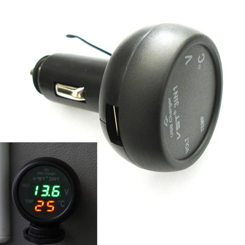 3in1 Digitale Voltmeter Thermometer 12/24V Sigarettenaansteker USB Autolader