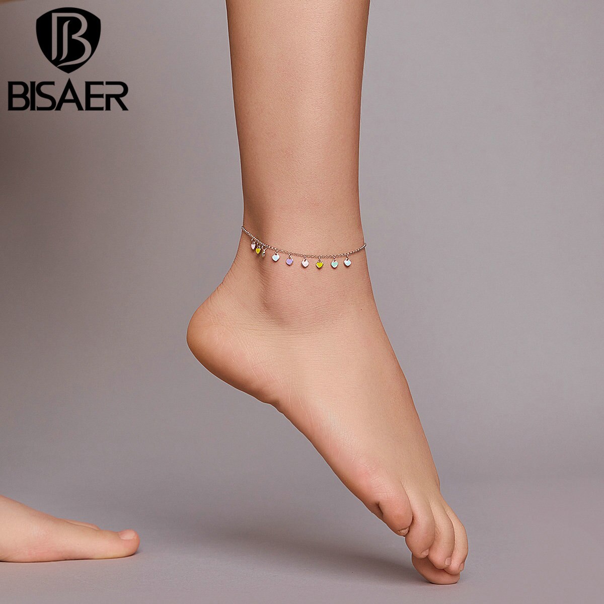 BISAER Rainbow Heart Anklets 925 Sterling Silver Colorful Chain Anklets For Women Feet Leg Chain Link Jewelry ECT020