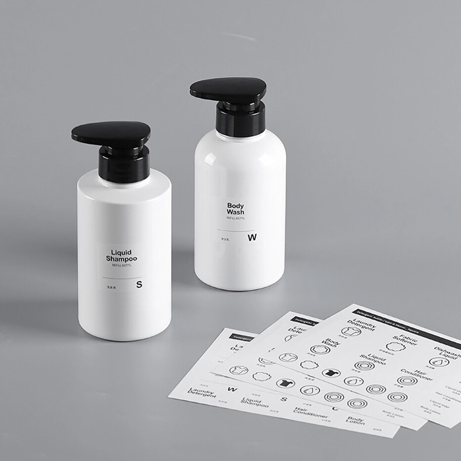 Flaskeklistremerker selvklebende trykte etiketter for sjampo lotion såpedispenser klær vaskerom kjøkken hjemmebruk