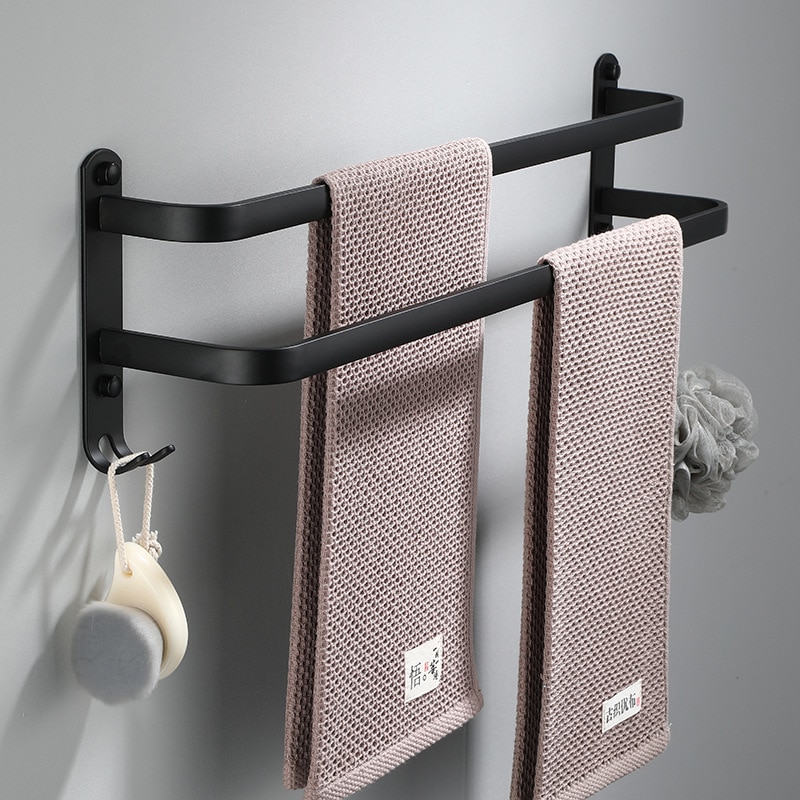 Håndklædeholder mat sort håndklædebøjle vægmonteret håndklædeholder plads aluminium toilet enkeltlag flerlags badeværelsestilbehør