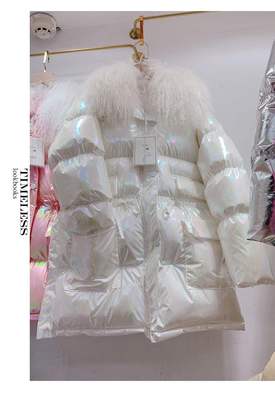 Winterjas dames glanzende katoenen jas imitatiewol kraag kleurrijke brood warme jas vrouwelijke koreaanse losse jassen parka jas: Ivoorwit / M