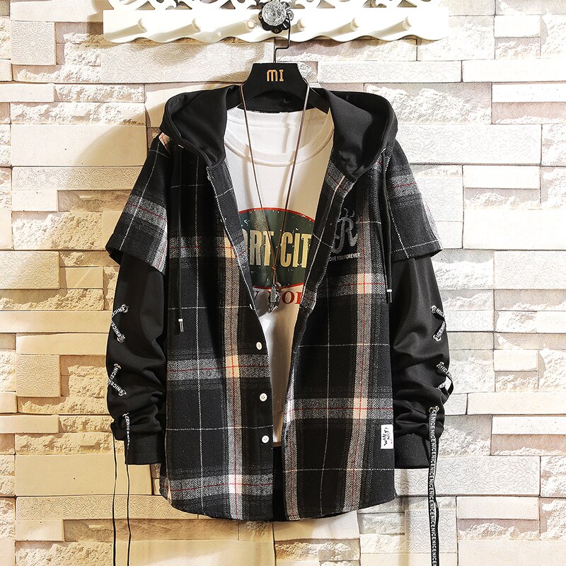 Hip Hop Couple, Hoodie,loose plaid shirt,Long Sleeve Shirts Men Casual Streetwear Coats Male Hipster Shirts Tops: hei se / M