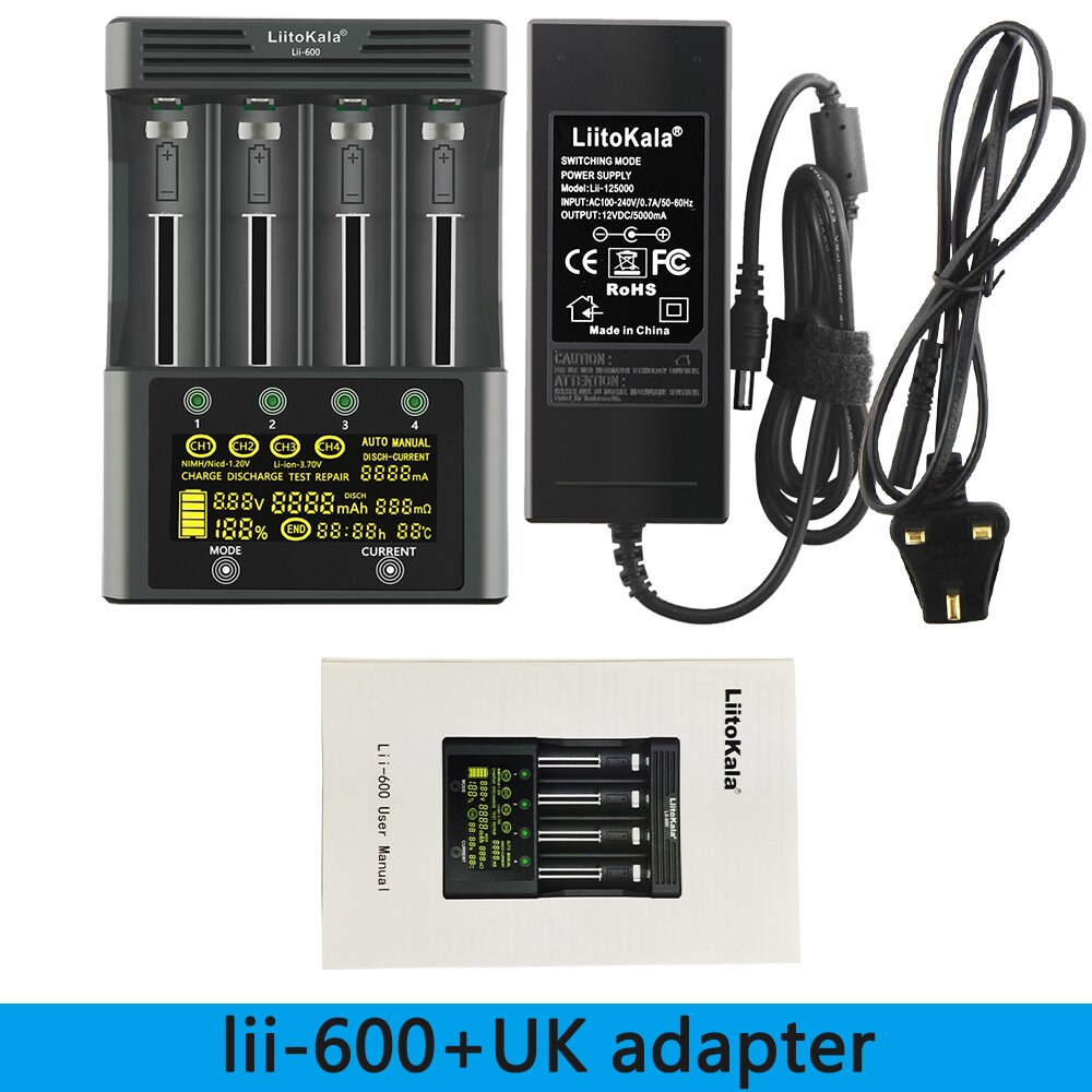 LiitoKala Lii-600 Battery Charger For Li-ion 3.7V and NiMH 1.2V battery Suitable for 18650 26650 21700 26700 AA AAA12V5A adapter: UK-Lii-600 no car