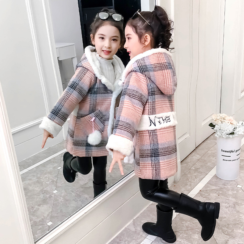 Meisjes hoodies met capuchon, wollen mix, gestreepte dikke ruit, bovenkleding, herfst- en winterkleding voor kinderen, wollen jassen  zl275