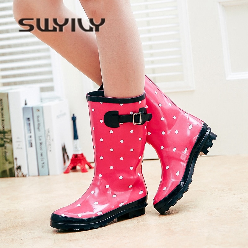 Swyivy regnstøvler kvinde gummisko efterår vinter kvindelig blomst vandtætte regnstøvler behagelige mellemhøje regnstøvler