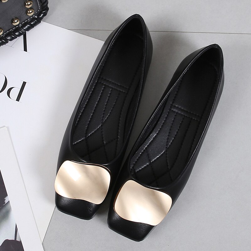 Mocassins de à bout carré pour femmes, ballerines plates à la , chaussures de peu profondes, boucle en métal,: Black / 7.5