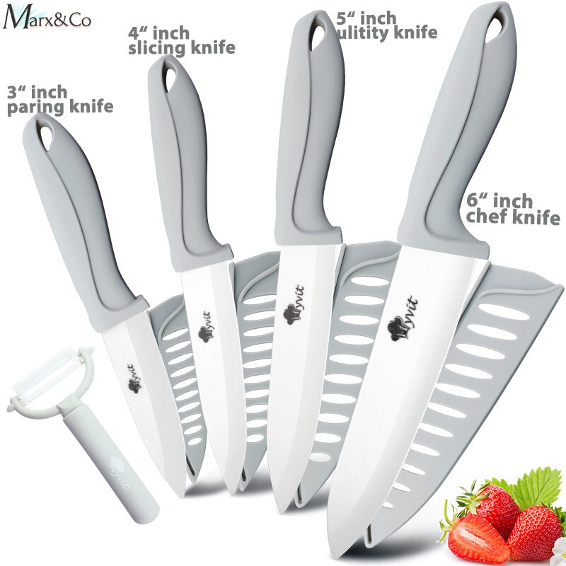 Ceramic Knife 3 4 5 6 inch Knives Kitchen Set White Blade Chef Utility Paring Vegetable Slicing Ceramic Knives With Peeler Set: 3456 GREY