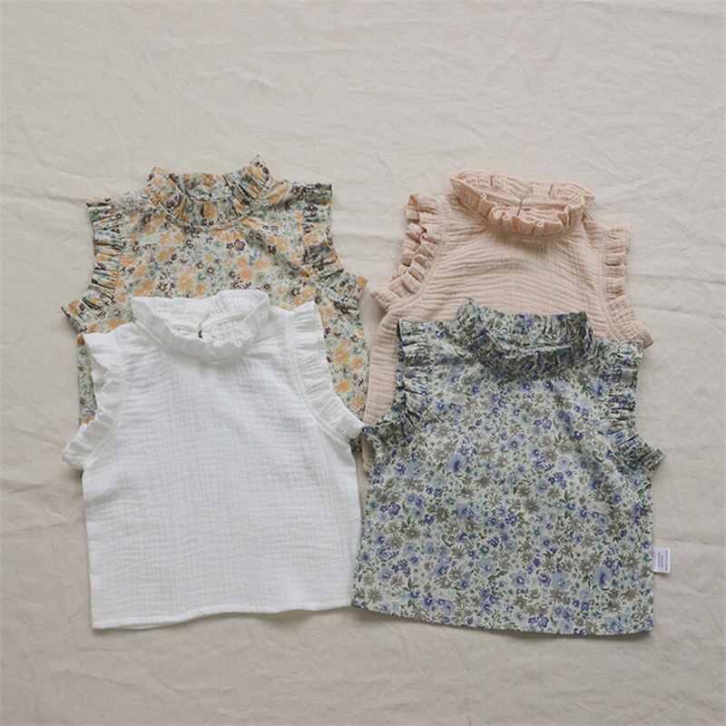 Impressão floral do vintage da criança do bebê da menina topos colete roupas de verão crianças camiseta traje