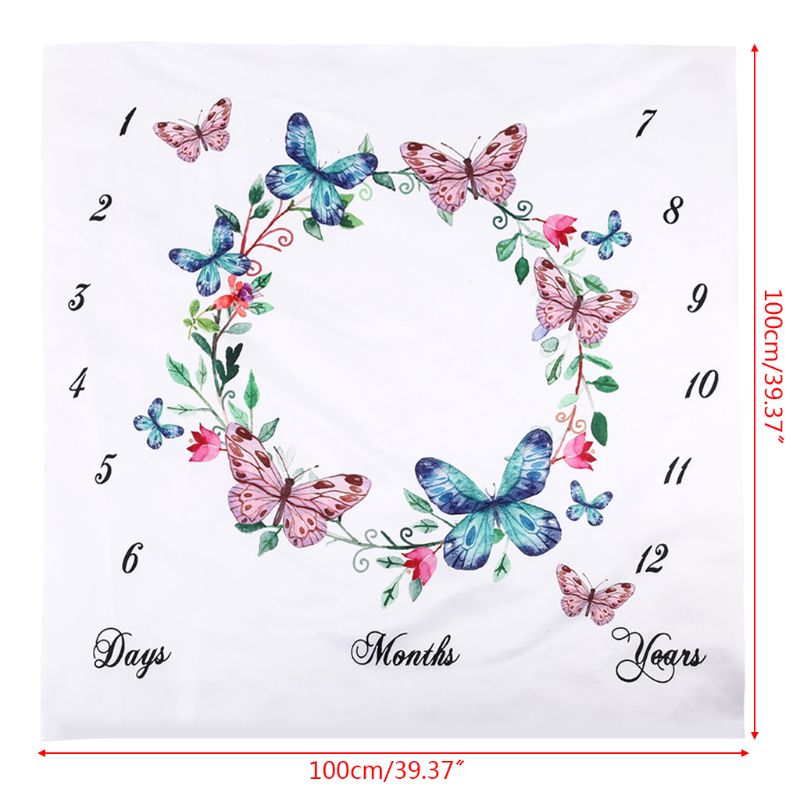 Newborn Baby Milestone Number Butterfly Pattern Mat Blanket Photography Background Backdrop Cloth