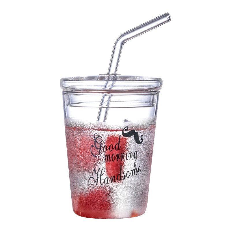 Heat-Resisting Clear Strawberry Letter Pattern Coffee Juice Drinking Water Glass Cup with Straw Lid For Home OffIce Drinkware MJ