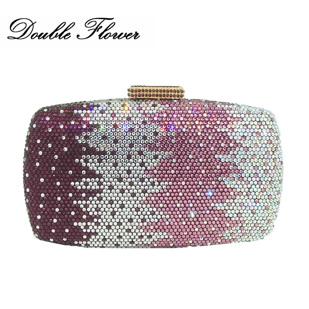 Doppel Blume Elegante Lila Mixed Frauen Kristall Kupplung Abend Taschen Diamant Hochzeit Handtaschen Braut Party Schminktäschchen Geldbörse