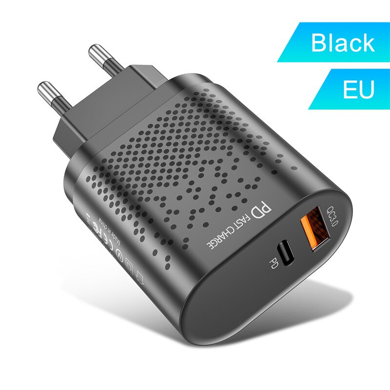 USLION EU/US Plug PD USB Charger 18W 3A Quik Charge 3.0 Mobile Phone Charger For iPhone 12 Samsung Xiaomi Fast Wall Chargers: Black EU