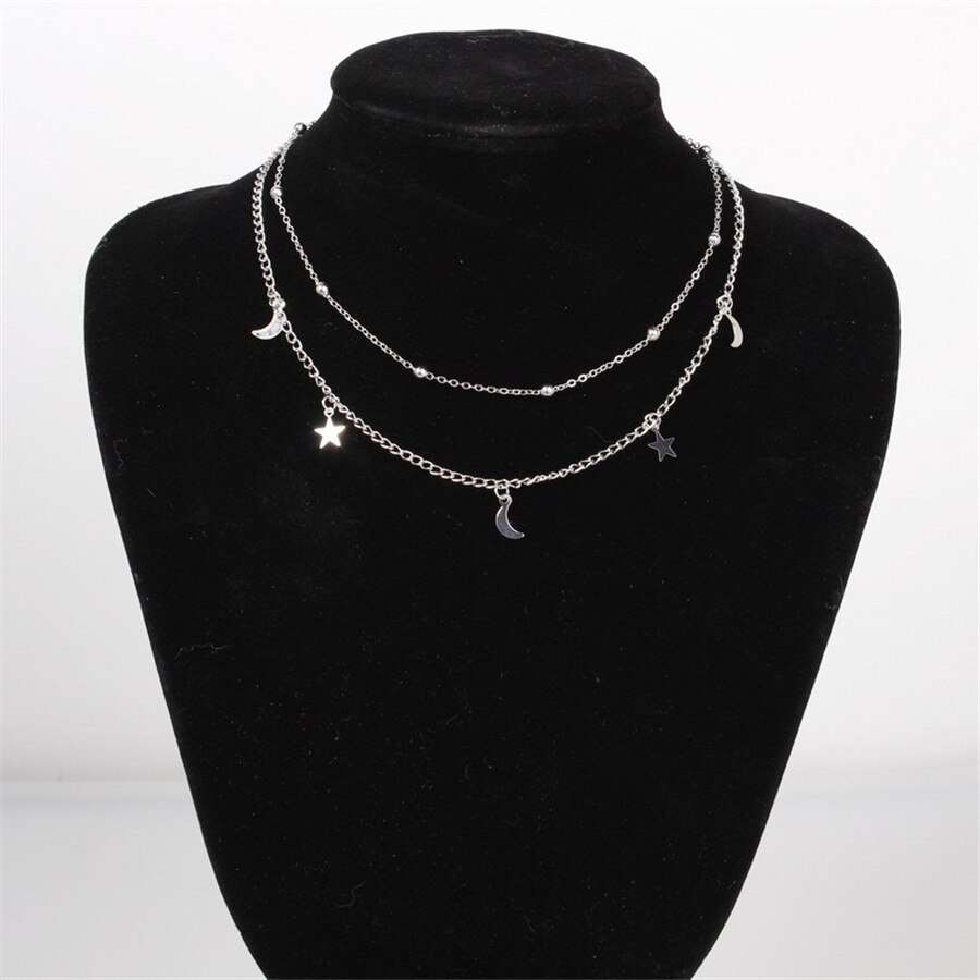 Estrela lua dupla colar curto redondo grânulo clavícula corrente collarb081