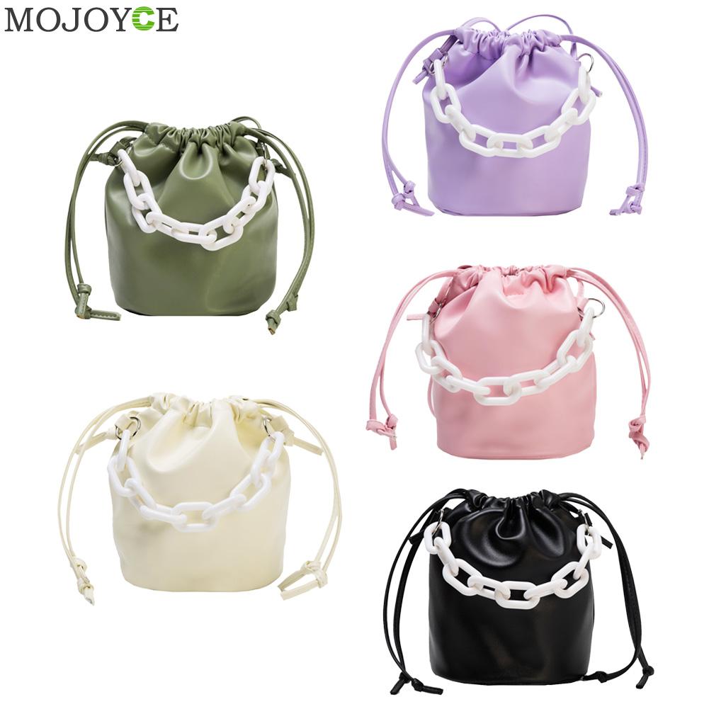 Drawstring Shoulder Bag Women PU Chain Bucket Handbags Female Solid Color Purse Youth Ladies Simple Versatile Bag