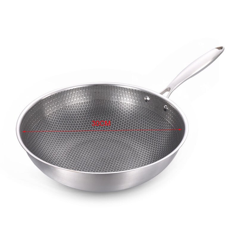 Rustfrit stål wok tyk honningkage håndlavet stegepande non stick ikke rustende gas / induktion komfur køkken køkkengrej: Dia 30cm