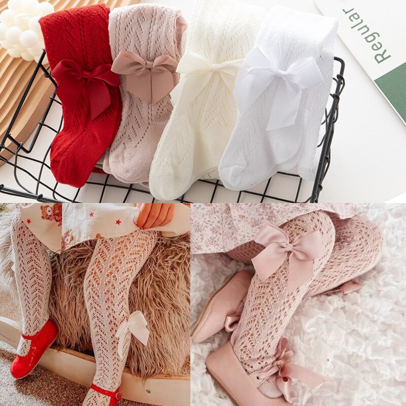 Collant per neonate estivi scava fuori traspirante neonato spagnolo Bowknot collant morbido cotone per 0-3 anni pantaloni per bambini