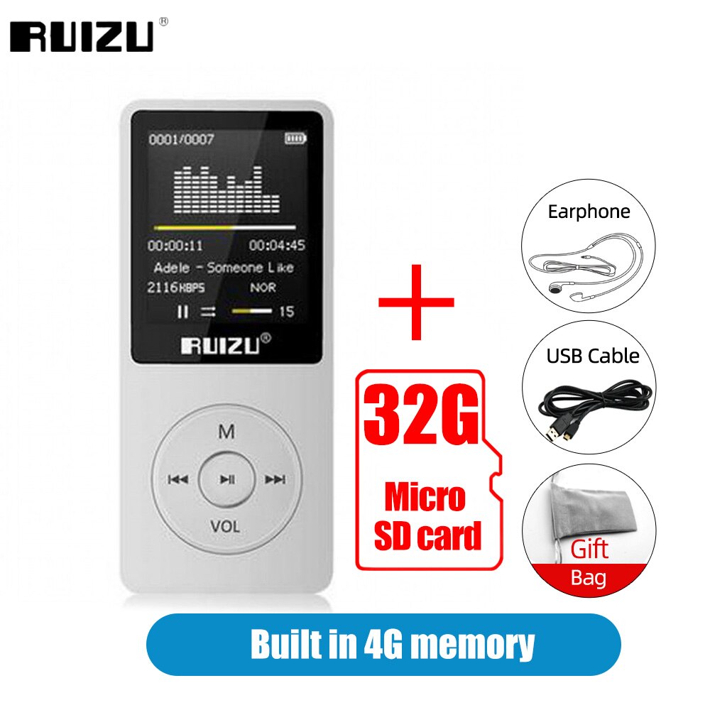 RUIZU X02 lettore MP3 ultrasottile con schermo Mini lettore musicale 4G supporto Radio FM registratore vocale E-book lettore Audio Video Walkman: White 32G TF Card