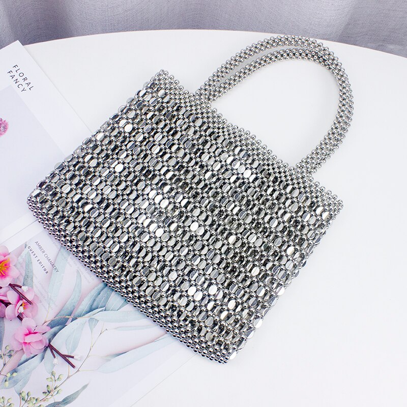 Rock Silver Top-handle Bag Women Punk Heavy Metal Totes Vintage Evening Party Mobile Phone Bag Handmade Beaded Retro Pearl Bag