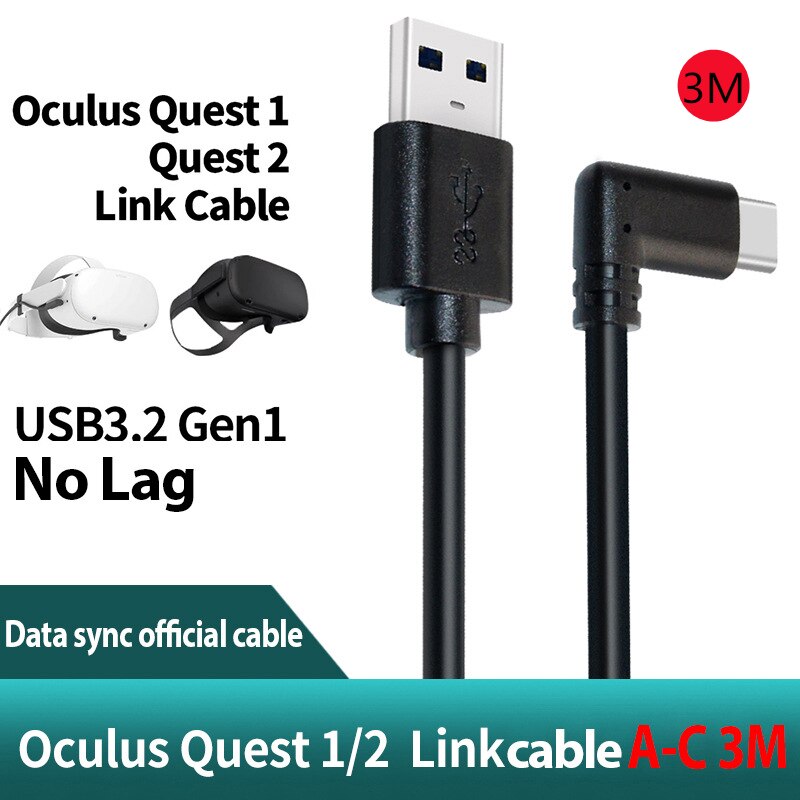 Cable de carga de línea de datos para auriculares Oculus Quest 2 1 Link VR, carga rápida USB 3,2, Cable de transferencia de datos tipo C, accesorios de VR: 3MA TO C Black