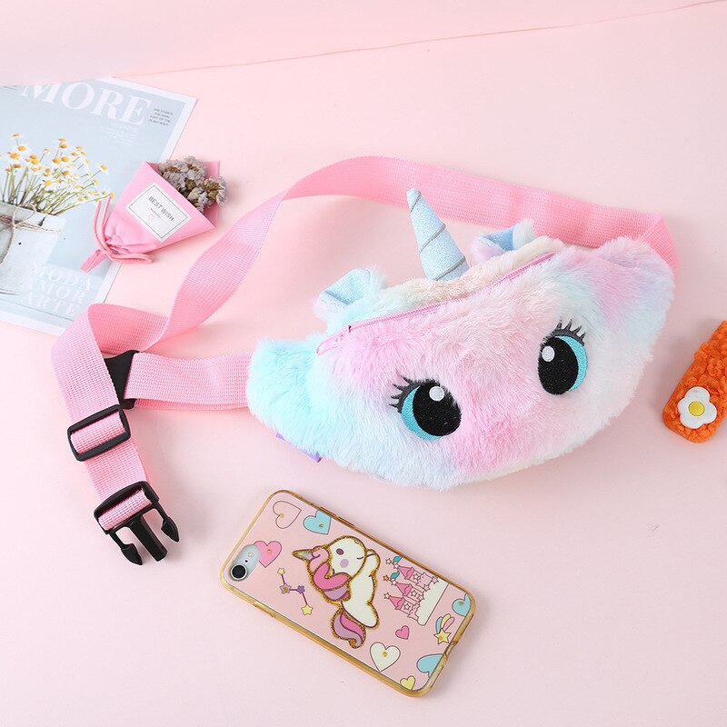 Cute Unicorn Children's Fanny Pack Girls Waist Bag Plush Toys Belt Gradient Color Chest Bag Cartoon Coin Purse Travel Chest Bag