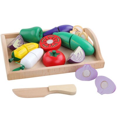 WOODADDY Simulation Gemüse/Obst Schneiden Set Holz Spielzeug Für Kinder Holz Tablett/Korb Lebensmittel Küche Spielzeug Bildungs Mädchen: Vegetable 5-11pcs