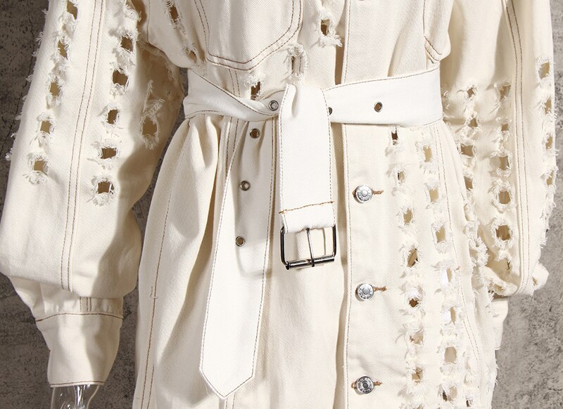 [eam] losse pasvorm beige gaten bandage grote maten spijkerjas revers lange mouw damesjas tij lente herfst 1 y 917