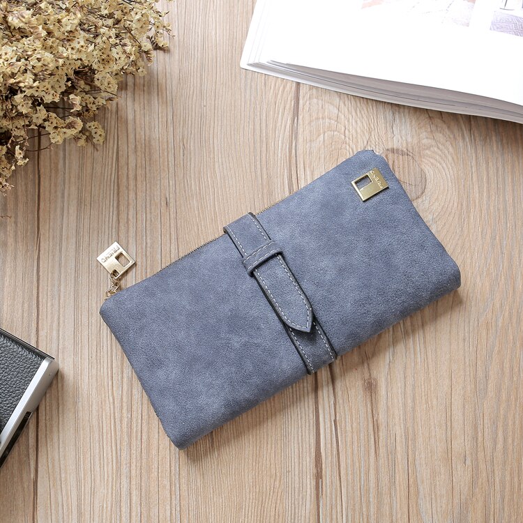 Leer Rits Lange Vrouwen Portefeuilles Effen Trekkoord Nubuck Luxe Portemonnee Portemonnee Kaarthouder Clutch Billetera Mujer: Gray