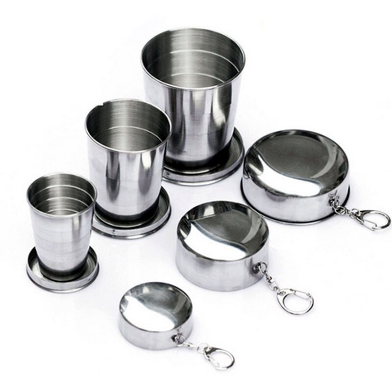 Stainless Steel Collapsible Cup Folding Outdoor Travel Sport Water Cup Portable Coffee Mug With Keychain Demountable Metal Cups