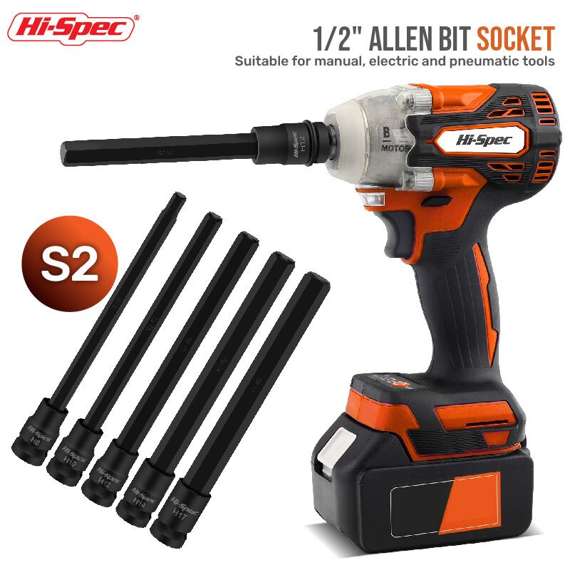 Hi-Spec 200MM Extended Socket Sets 1/9pc Hexagon Socket Length Adapter 1/2" CR-MO Hex Head Screwdriver Bits H4-H19 With Magnetic