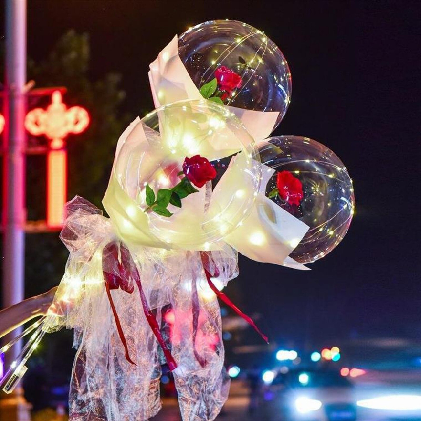 Diy Led Light Met Rose Bloem Ballonnen Verjaardag Bruiloft Decoratie Transparante Bloem Ballen Led Lichtgevende Ballon Rose Boeket