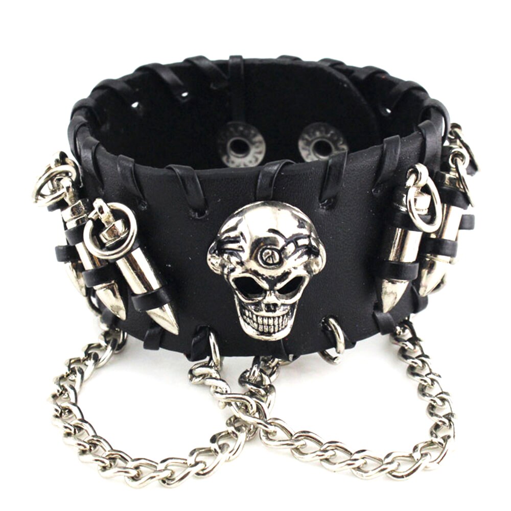 Unisex Black PU Leather Cool Bracelet Punk Bullet Wristband Adjustable Skull Metal Chain Bracelet Punk Biker Rock Gothic