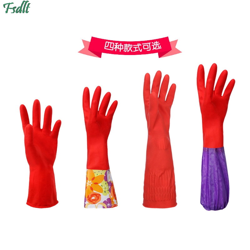 Gants en caoutchouc à manches longues pour femme, 1 paire, rouges, étanches, en Latex, pour la cuisine, le nettoyage de la vaisselle