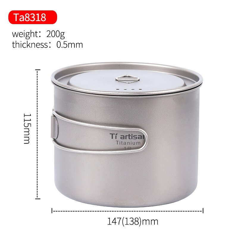 Tiartisan puro titanio1.6L impostato di pentole pieghevole portatile pentola e pentole da campeggio tutto'aperto multifunzione Ta8318TI: 1.6LPOT