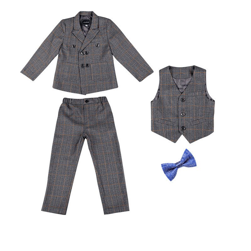 Costume à carreaux pour garçon, costume de smoking formel à Double boutonnage pour enfant, veste de fête, anneau porte-queue, Blazer, pantalon: Grey 4 Pcs Sets / 170