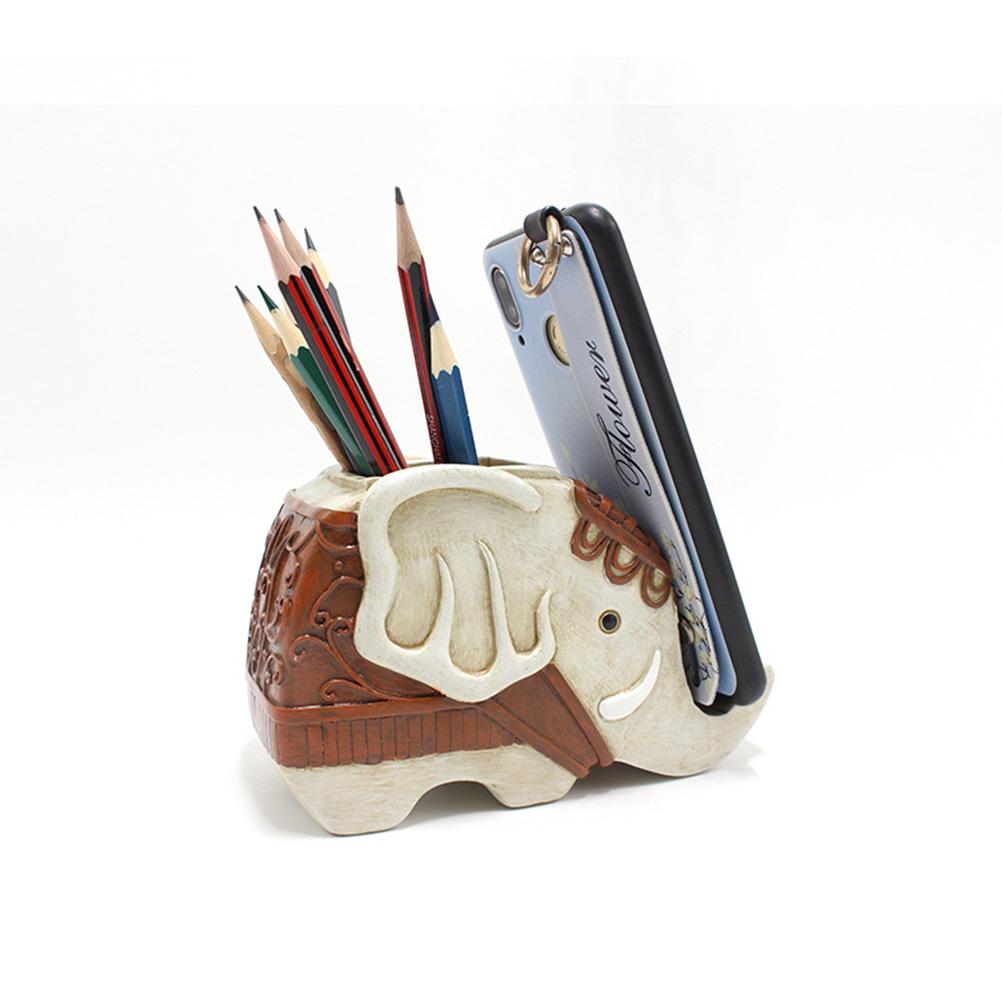 Elephant Shape Pen Pencil Holder with Cell Phone Stand Resin Desk Organizer Desk Decor Home Office Decoration Birthday