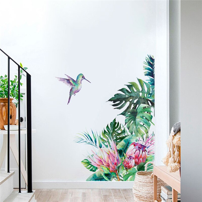 Tropische bladeren, bloemen, vogel, muurstickers, slaapkamer, woonkamerdecoratie, muurschildering, woondecoratie, verwijderbare stickers, behang