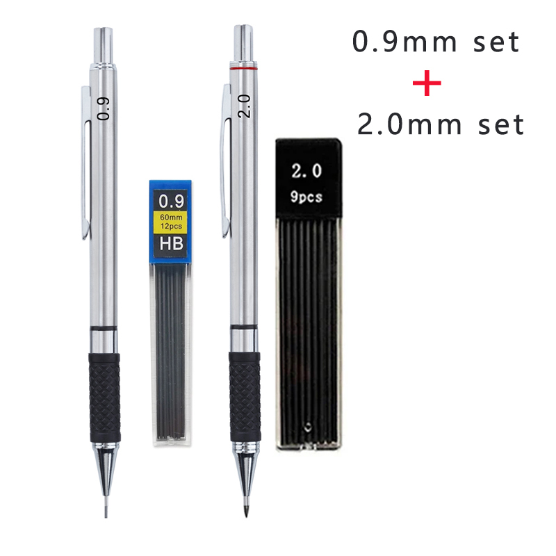 Juego de lápices mecánicos de Metal con agarre para lápiz, suministros de oficina para estudiantes, dibujo artístico, lápiz automático de 0,5/0,7/0,9/2,0mm: Gris claro