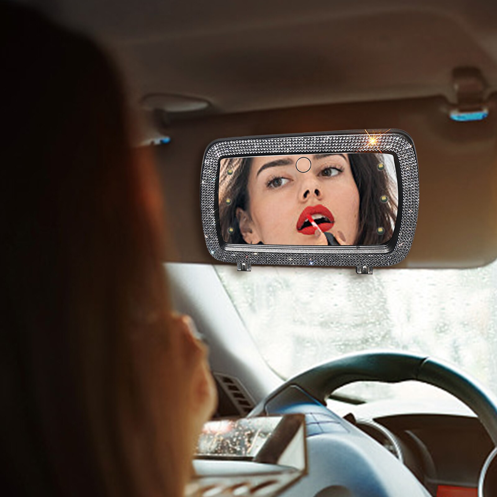 Espejo de tocador LED para coche, espejo de maquillaje con 6 luces, Universal, con batería integrada