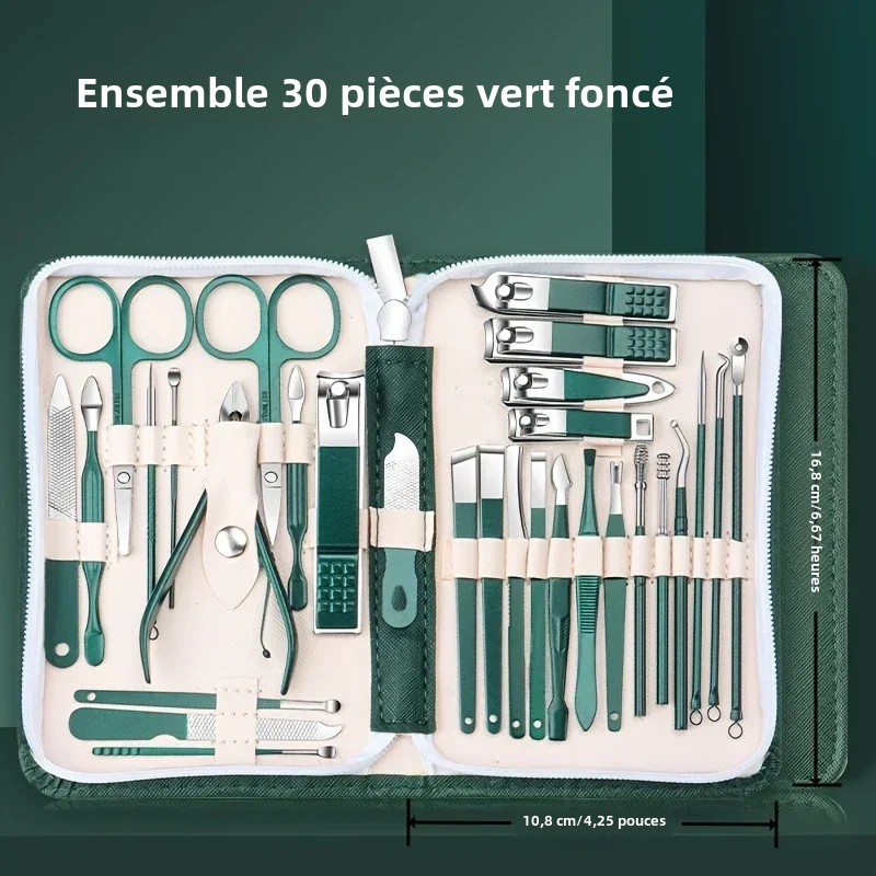Juego de cortaúñas de acero inoxidable, herramientas para uñas verdes, juego de manicura y pedicura, Kit de aseo de viaje, 30 Uds.