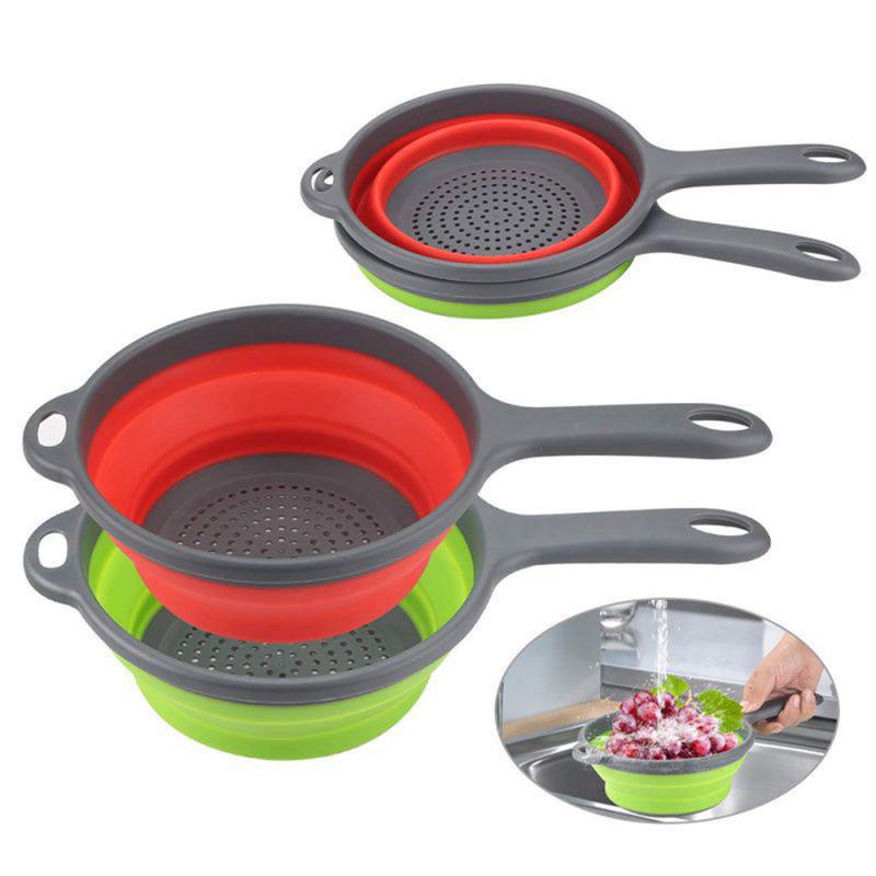 1PC Folding Silicone Plastic Colander Drain Basket Fruit Vegetable Washing Strainer Collapsible Drainer With Handle Kitchen Tool