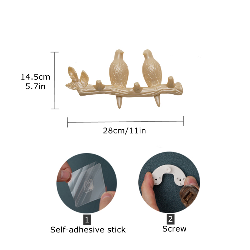 Perchero montado en la pared con ganchos para abrigos, sombreros, llaves, toallas, colgador artístico decorativo para puerta trasera, decoración de pájaros en ramas de árbol: Amarillo claro