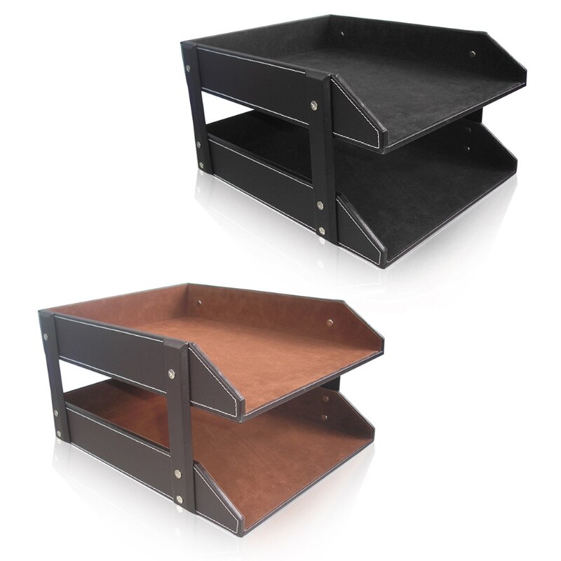 A4 Document File Organizer Tray Double Layers Desk PU Leather Paper Holder Magazine Rack Storage Holder for Home School